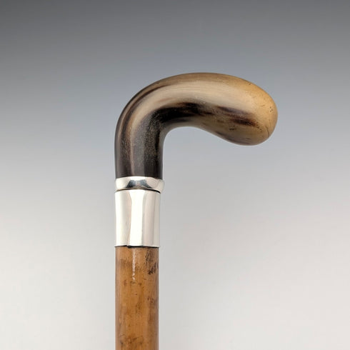 Vintage horn crop handle sterling silver decorated walking stick 85cm